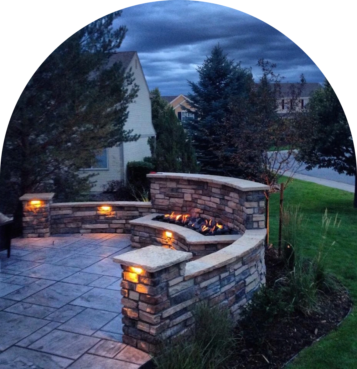 Cozy stone patio at dusk
