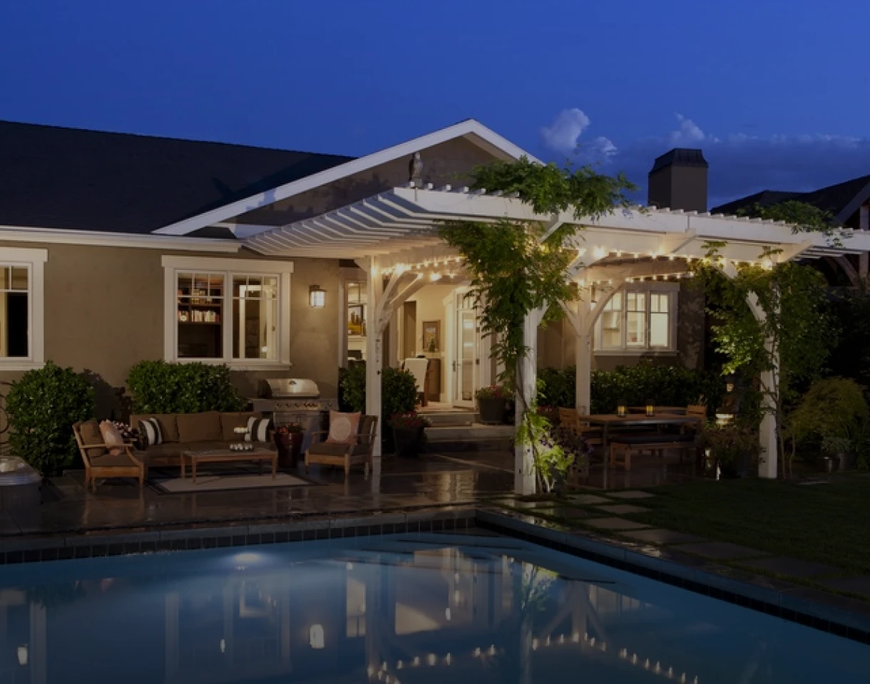 Evening backyard with patio lights